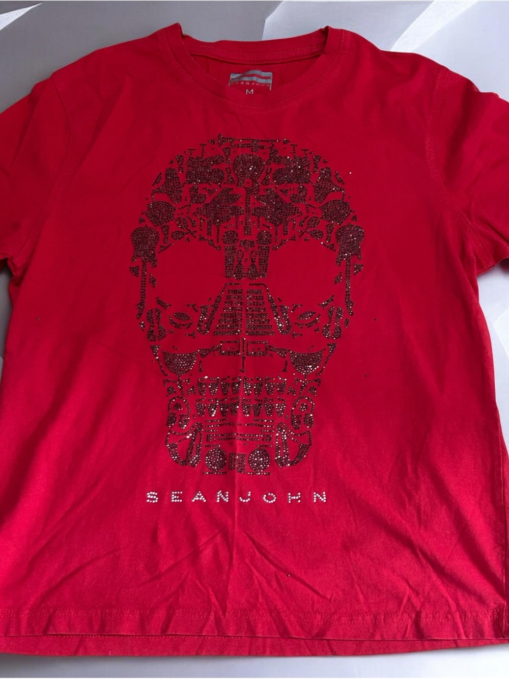 Sean John Red Short Sleeve Tee with Black Crystal Skull Medium